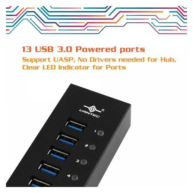 Vantec UGT-AH131U3-BK 13-Port USB 3.0 Aluminum Hub (All Data/Charging BC 1.2), 12V/5A Premium Power Adapter | UGT-AH131U3-BK