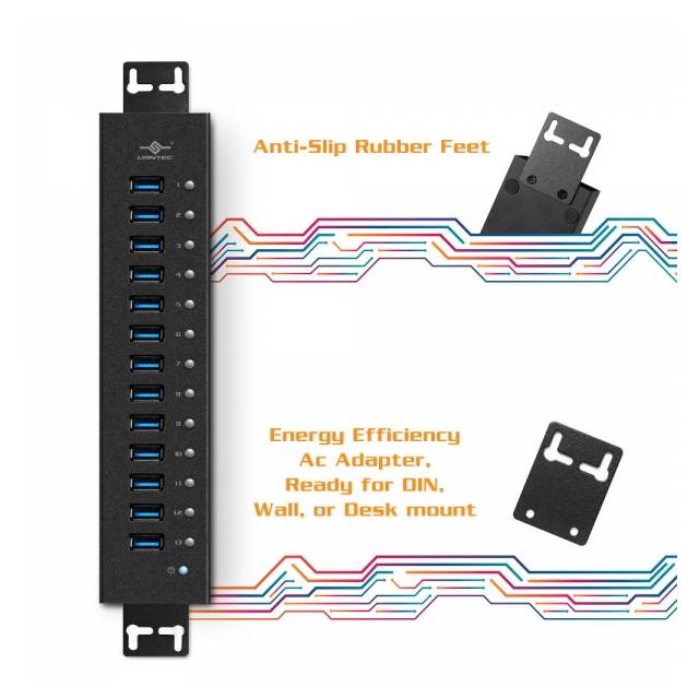 Vantec UGT-AH131U3-BK 13-Port USB 3.0 Aluminum Hub (All Data/Charging BC 1.2), 12V/5A Premium Power Adapter | UGT-AH131U3-BK