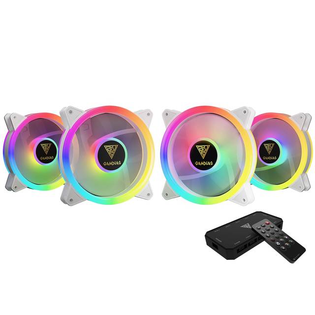 GAMDIAS GD-AEOLUS M2-1204R WH 120MM RGB Fans WHITE, 4 in 1 Fan Pack with Remote Controller, 4-Pack. White fans | GD-AEOLUS M2-1204R WH
