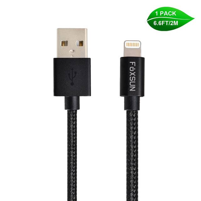 Foxsun AM001022 iPhone Charging Cable 6.6 FT/2M Nylon Braided Lightning Cable for iPhone 7/7Plus/6/6Plus/6S/6S Plus/5/5S/5C/SE, iPad Pro/Air/Mini (Black) | AM001022