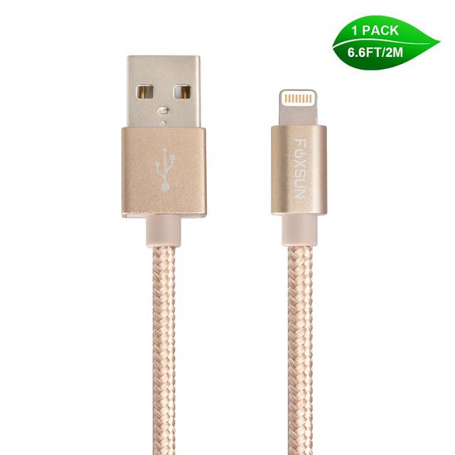 Foxsun AM001020 iPhone Charging Cable 6.6 FT/2M Nylon Braided Lightning Cable for iPhone 7/7Plus/6/6Plus/6S/6S Plus/5/5S/5C/SE, iPad Pro/Air/Mini (Gold) | AM001020