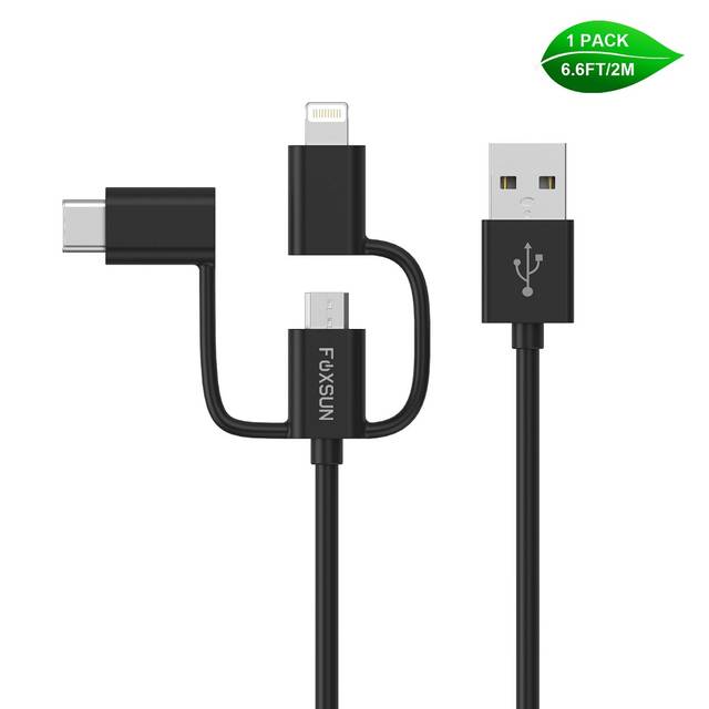Foxsun AM001032 Multi USB Charging Cable, 6.6 FT/2M 3 in 1 Multiple USB Charger Cable with 8Pin Lightning /USB Type C/Micro USB Connector for iPhone, Samsung, LG, Nexus Smartphones and More, MFI Certified (Black) | AM001032