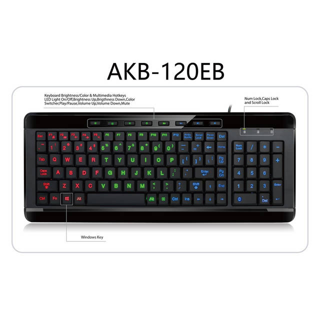 ADESSO AKB-120EB 3-Color Illuminated Compact Multimedia Keyboard | AKB-120EB
