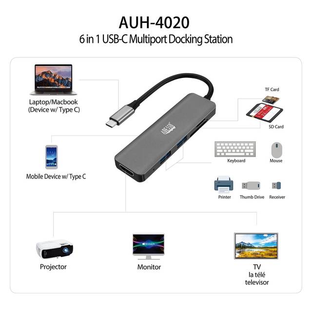 ADESSO AUH-4020 6-in-1 USB-C Multi-Port Docking Station (TAA Compliant) | AUH-4020