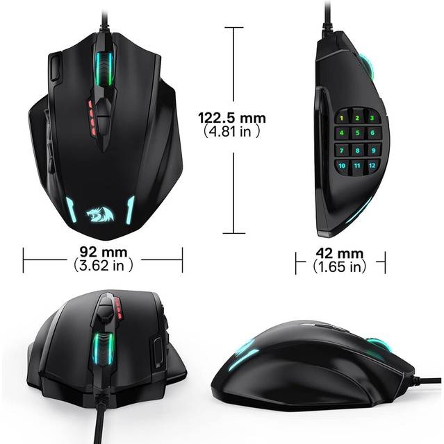 Redragon M908 IMPACT MMO Gaming Mouse up to 12,400 DPI High Precision Mouse for PC, 18 Programmable Buttons, Weight Tuning Cartridge, 12 Side Buttons, 5 programmable user profiles, 16.8 Million Customizing LED Color Option | M908