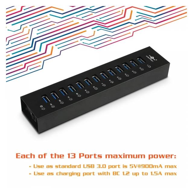 Vantec UGT-AH131U3-BK 13-Port USB 3.0 Aluminum Hub (All Data/Charging BC 1.2), 12V/5A Premium Power Adapter | UGT-AH131U3-BK