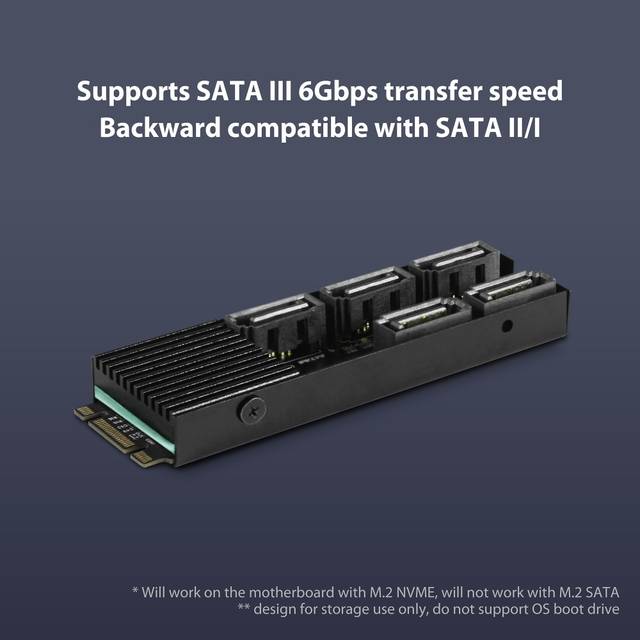 VANTEC UGT-M2670 M.2 PCIe Gen3x2 B+M Key To 5 Ports SATA III Expansion Card | UGT-M2670
