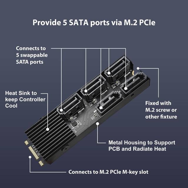 VANTEC UGT-M2670 M.2 PCIe Gen3x2 B+M Key To 5 Ports SATA III Expansion Card | UGT-M2670