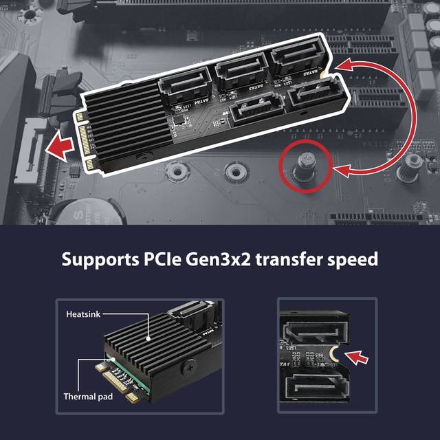 VANTEC UGT-M2670 M.2 PCIe Gen3x2 B+M Key To 5 Ports SATA III Expansion Card | UGT-M2670
