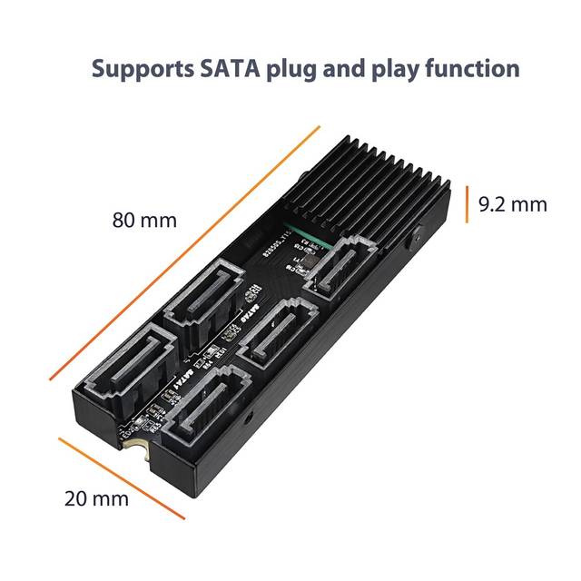 VANTEC UGT-M2670 M.2 PCIe Gen3x2 B+M Key To 5 Ports SATA III Expansion Card | UGT-M2670