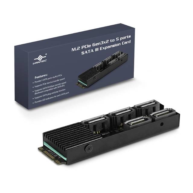 VANTEC UGT-M2670 M.2 PCIe Gen3x2 B+M Key To 5 Ports SATA III Expansion Card | UGT-M2670
