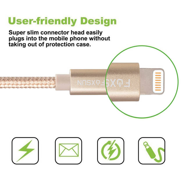 Foxsun AM001020 iPhone Charging Cable 6.6 FT/2M Nylon Braided Lightning Cable for iPhone 7/7Plus/6/6Plus/6S/6S Plus/5/5S/5C/SE, iPad Pro/Air/Mini (Gold) | AM001020