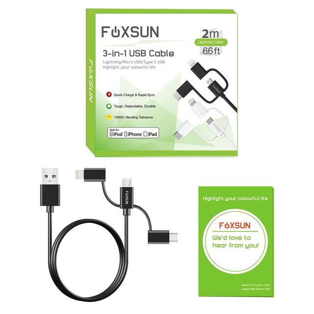 Foxsun AM001032 Multi USB Charging Cable, 6.6 FT/2M 3 in 1 Multiple USB Charger Cable with 8Pin Lightning /USB Type C/Micro USB Connector for iPhone, Samsung, LG, Nexus Smartphones and More, MFI Certified (Black) | AM001032